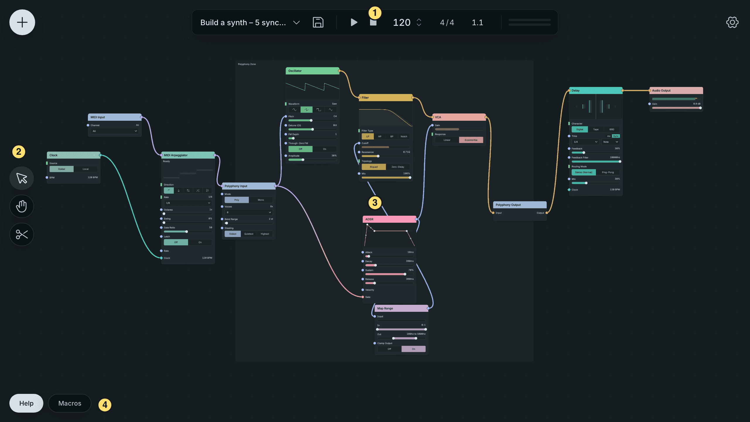 The Throughline editor with numbered callouts for the toolbar, left tools, central canvas and bottom Macros button.