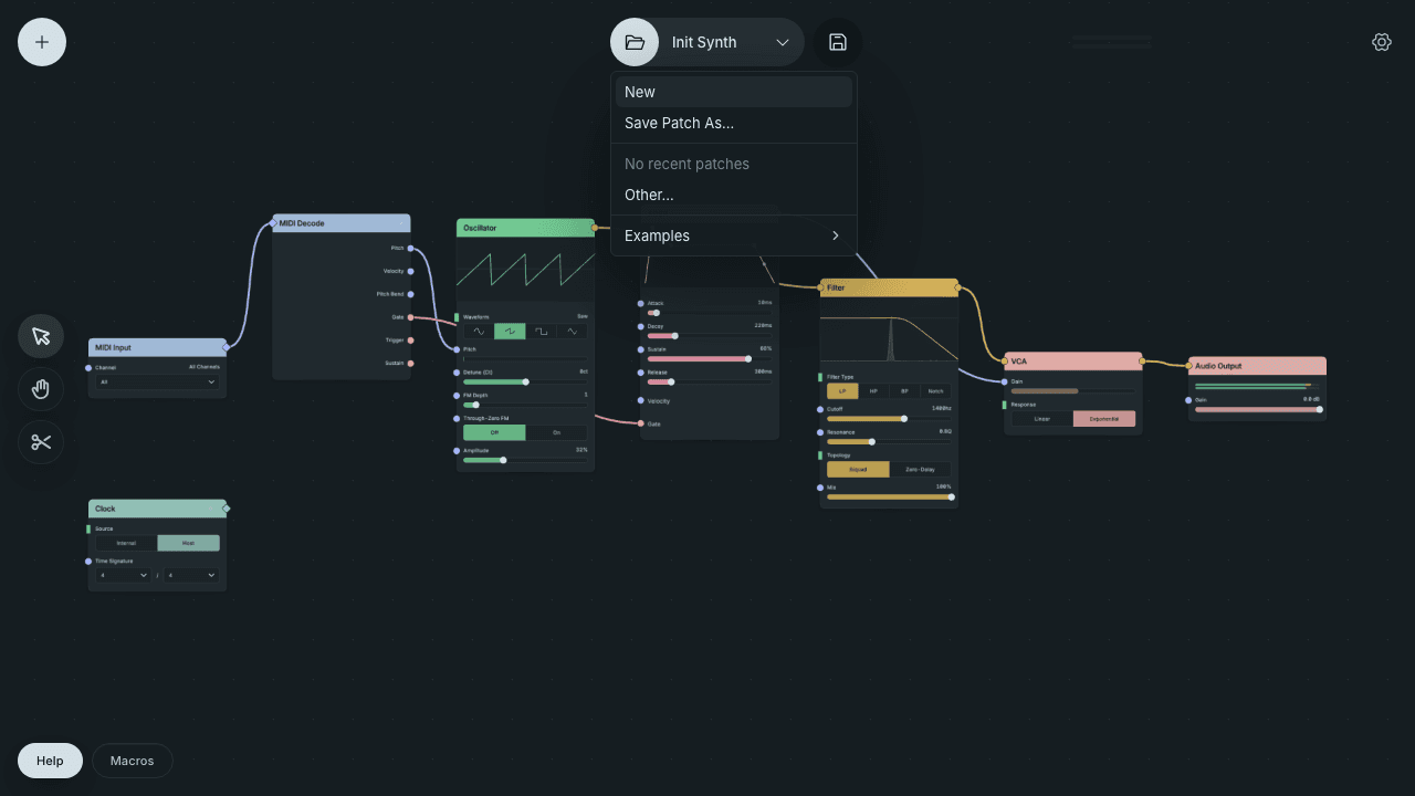 The Patch menu open below the patch name in the toolbar, listing New, Save Patch As…, recent patches, Other… and Examples.