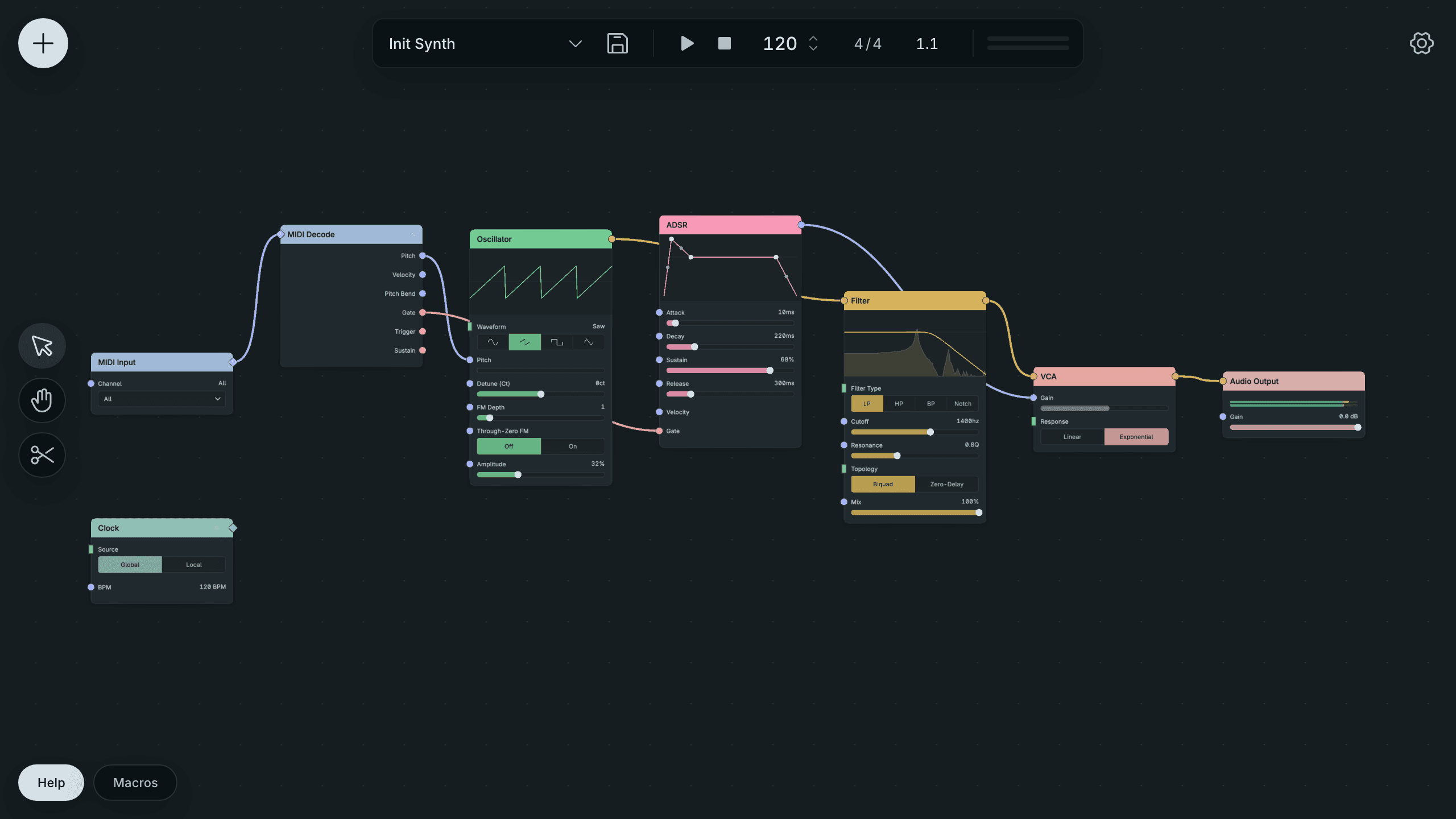 The Throughline instrument Init patch with MIDI Input, Oscillator, Filter, ADSR, VCA and Audio Output.
