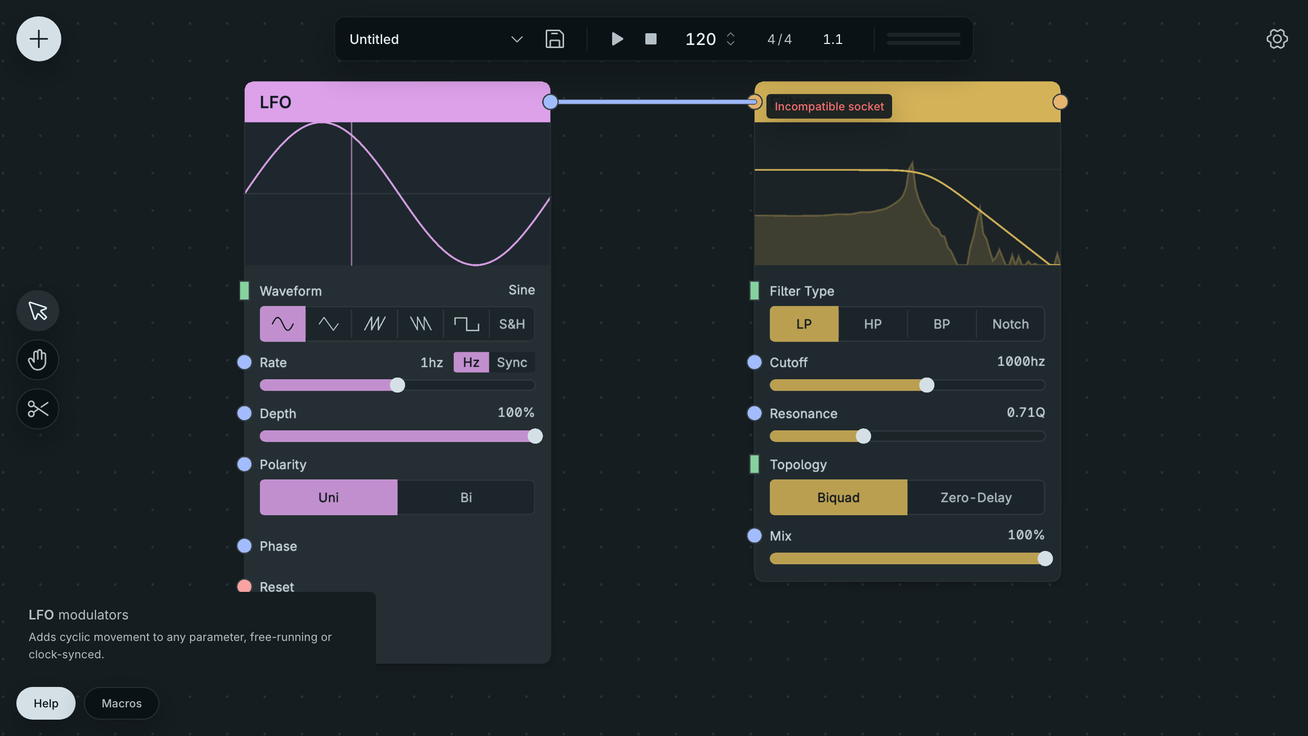 The real editor shows Incompatible socket feedback for an LFO dragged to Filter Audio In.