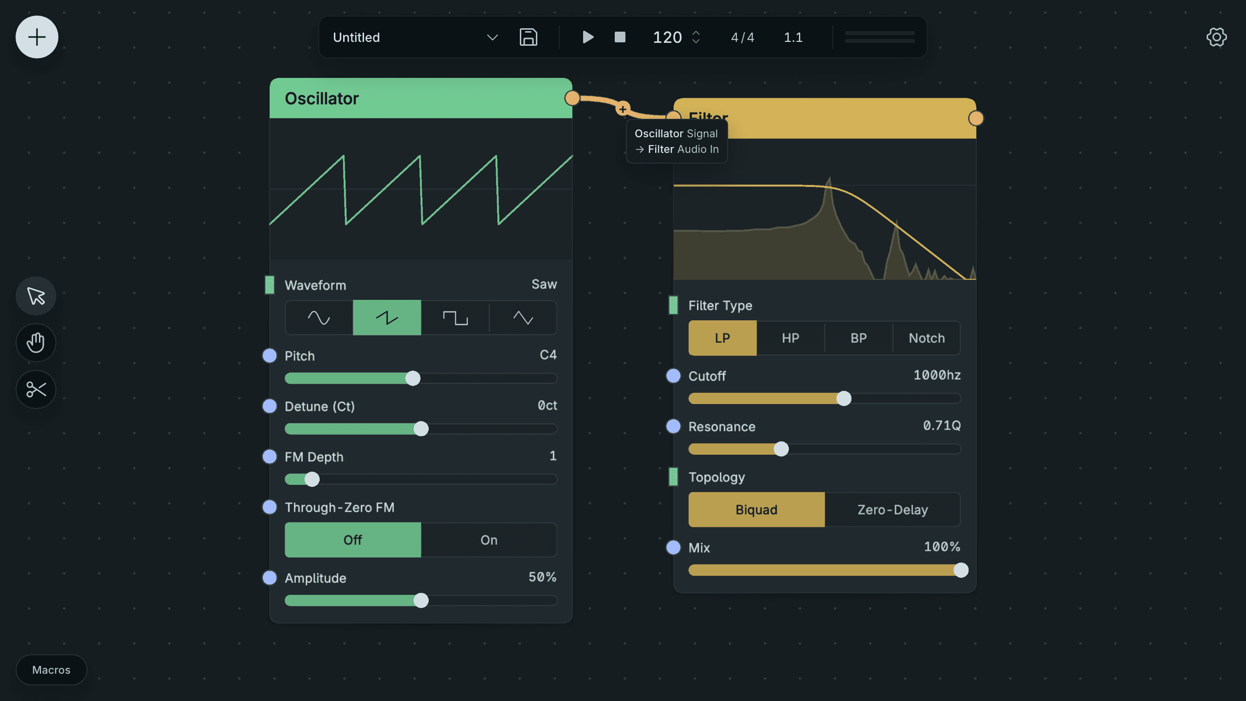 Contextual Help names the two ends of the Oscillator to Filter audio cable.
