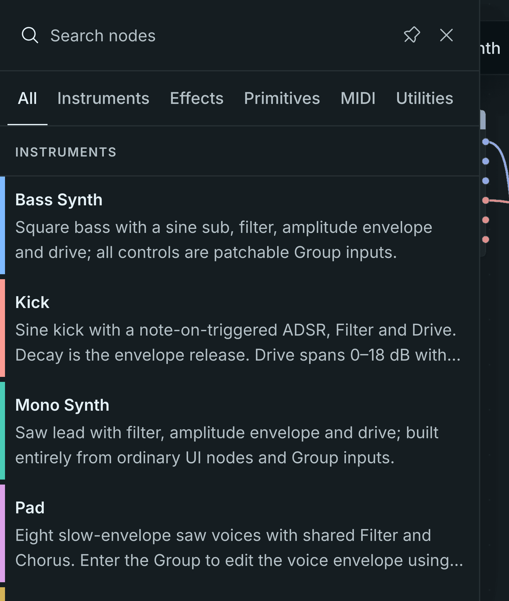 The node browser open over the canvas, with node categories and a search field.