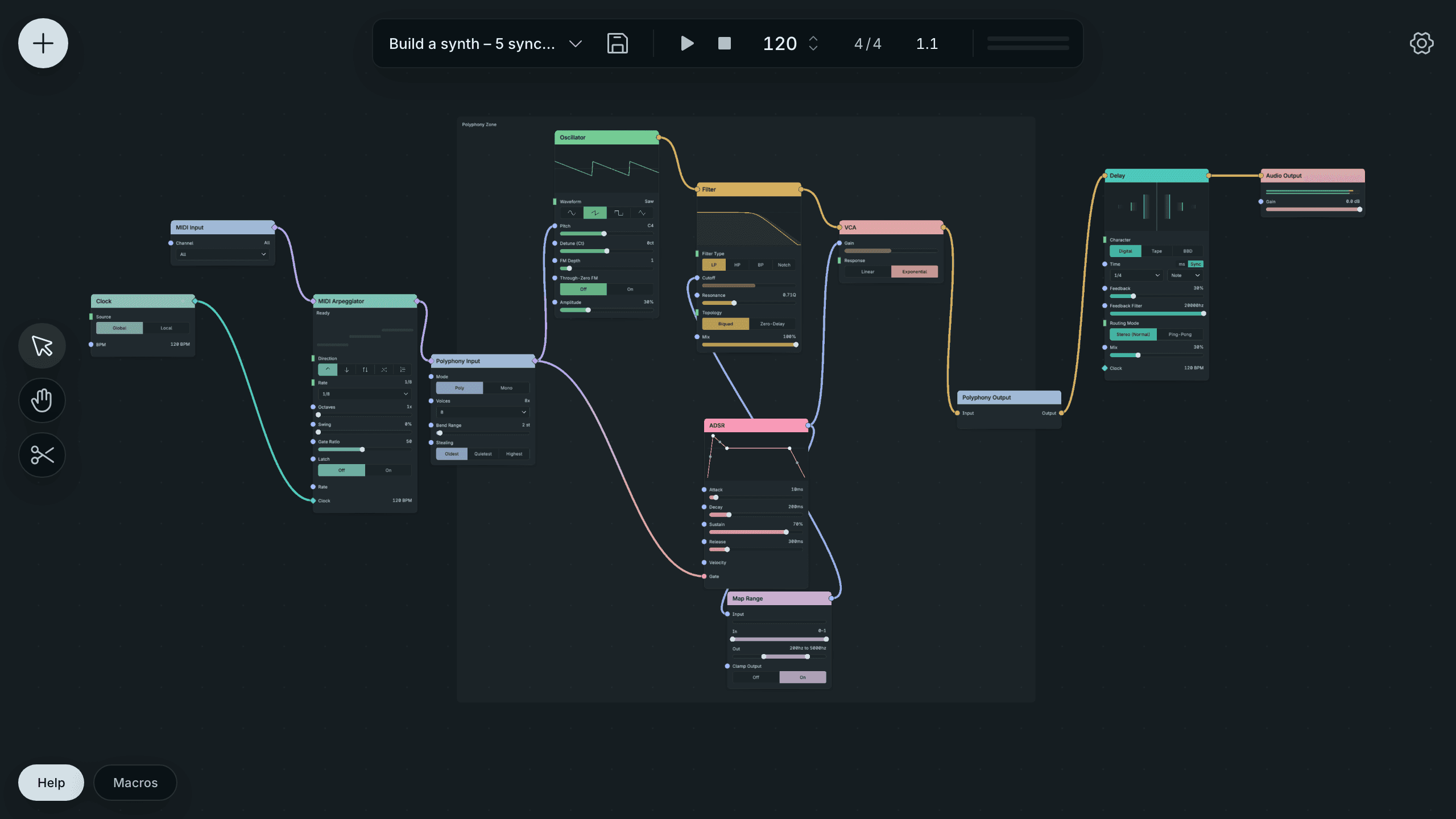 The completed synth patch arranged across the canvas, with an arpeggiator, Polyphony Zone and delay.