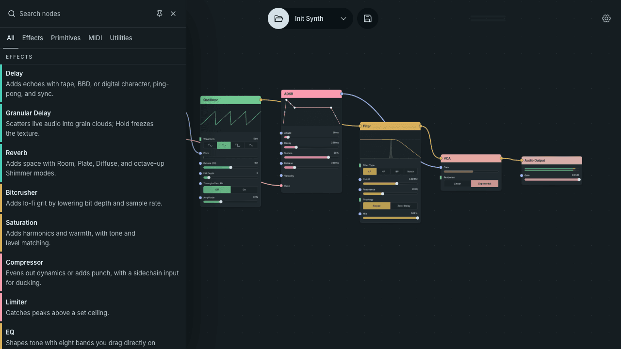 The Add node browser open over the canvas, with a search field, category filters and a list of nodes with short descriptions.