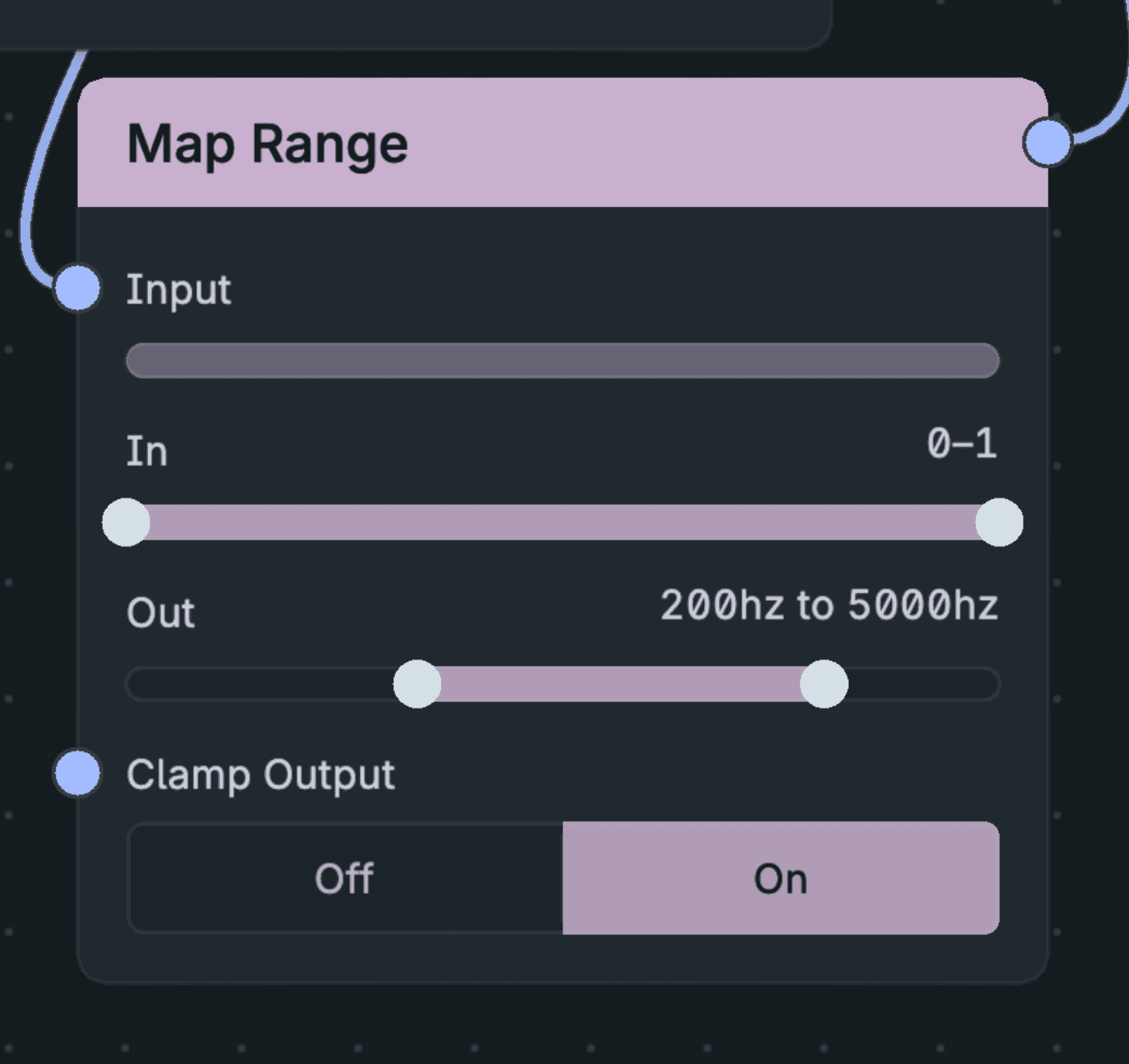 Close-up of Map Range with In set to 0–1 and Out set to 200 Hz to 5000 Hz; the ADSR Envelope cable enters Input and Result leaves for the Filter Cutoff.