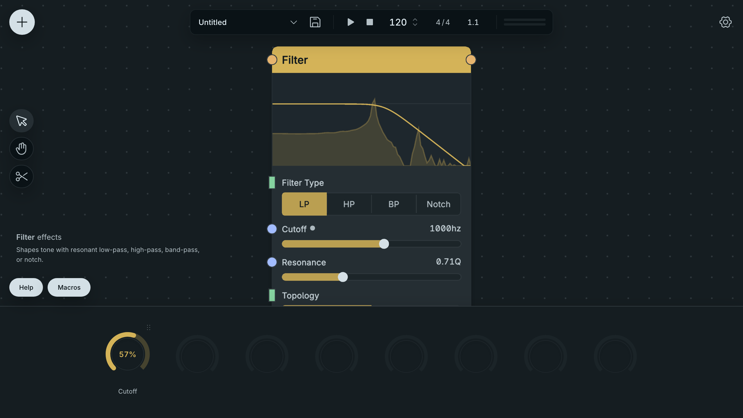 The open Macros panel with a dial assigned to the Filter Cutoff parameter.