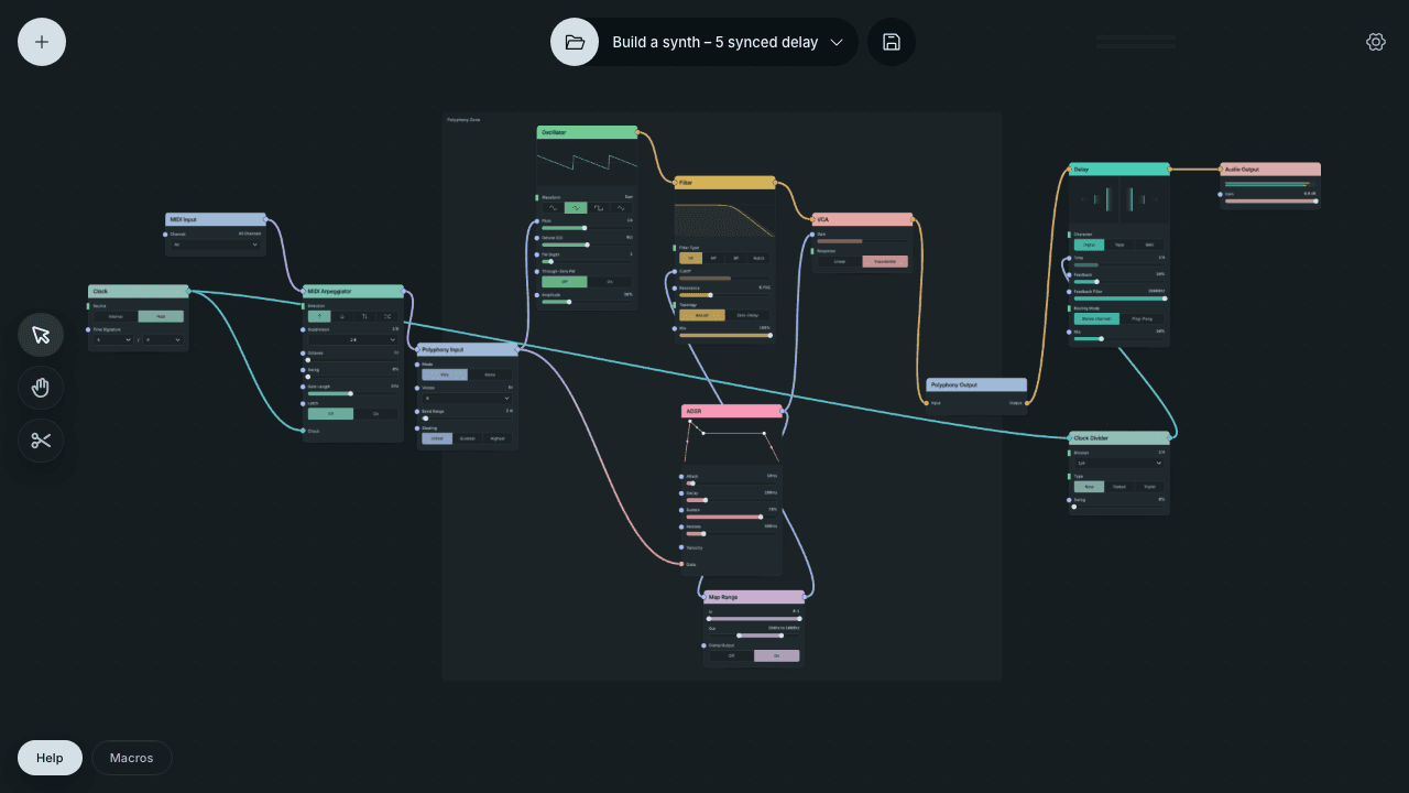 The full editor: Add node, the Patch menu and Save in the toolbar, output meters and Settings at the top right, Select, Pan and Cut tools on the left, Help and Macros at the bottom, and the finished Build a synth patch on the canvas.